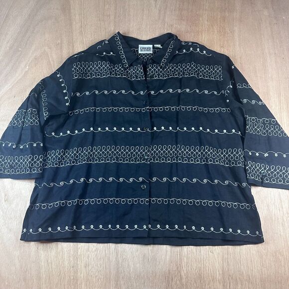 Vintage Chico’s Design Linen Top Embroidered Black Shirt Size 3 XL - Picture 1 of 4